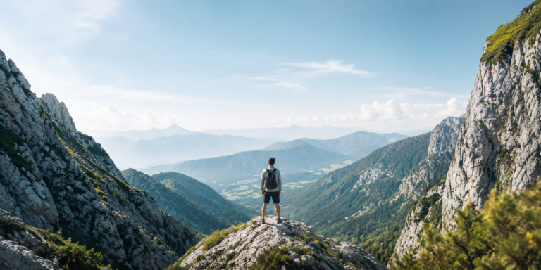 Person mit Rucksack steht auf einem Felsen und blickt über eine weite Berglandschaft.