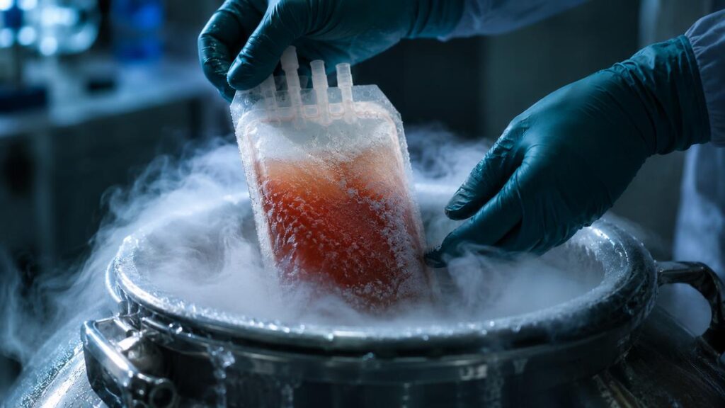 Lagerung in Flüssigstickstoff: Zelltherapeutika wie regulatorische T-Zellen werden nach ihrer Herstellung häufig bei minus 196 Grad eingefroren. So bleiben sie bis zu ihrer Anwendung haltbar. Immunzellen sollen transplantierte Organe gezielt schützen